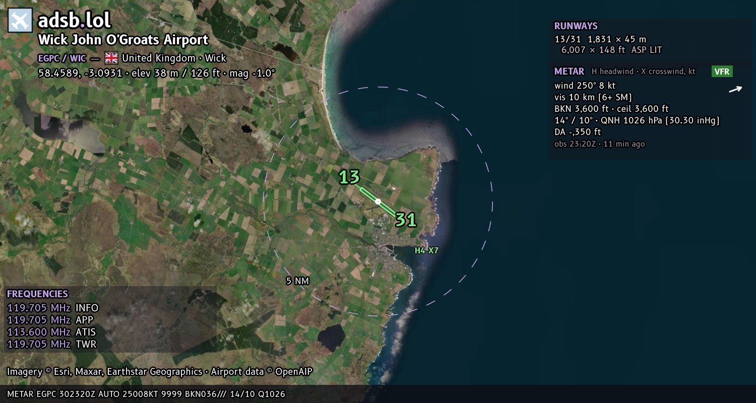 Satellite map with the runway layout of Wick John O'Groats Airport (EGPC)