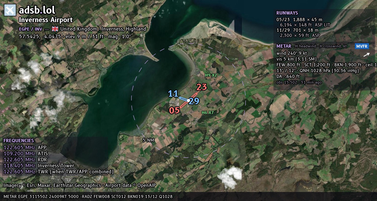 Satellite map with the runway layout of Inverness Airport (EGPE)