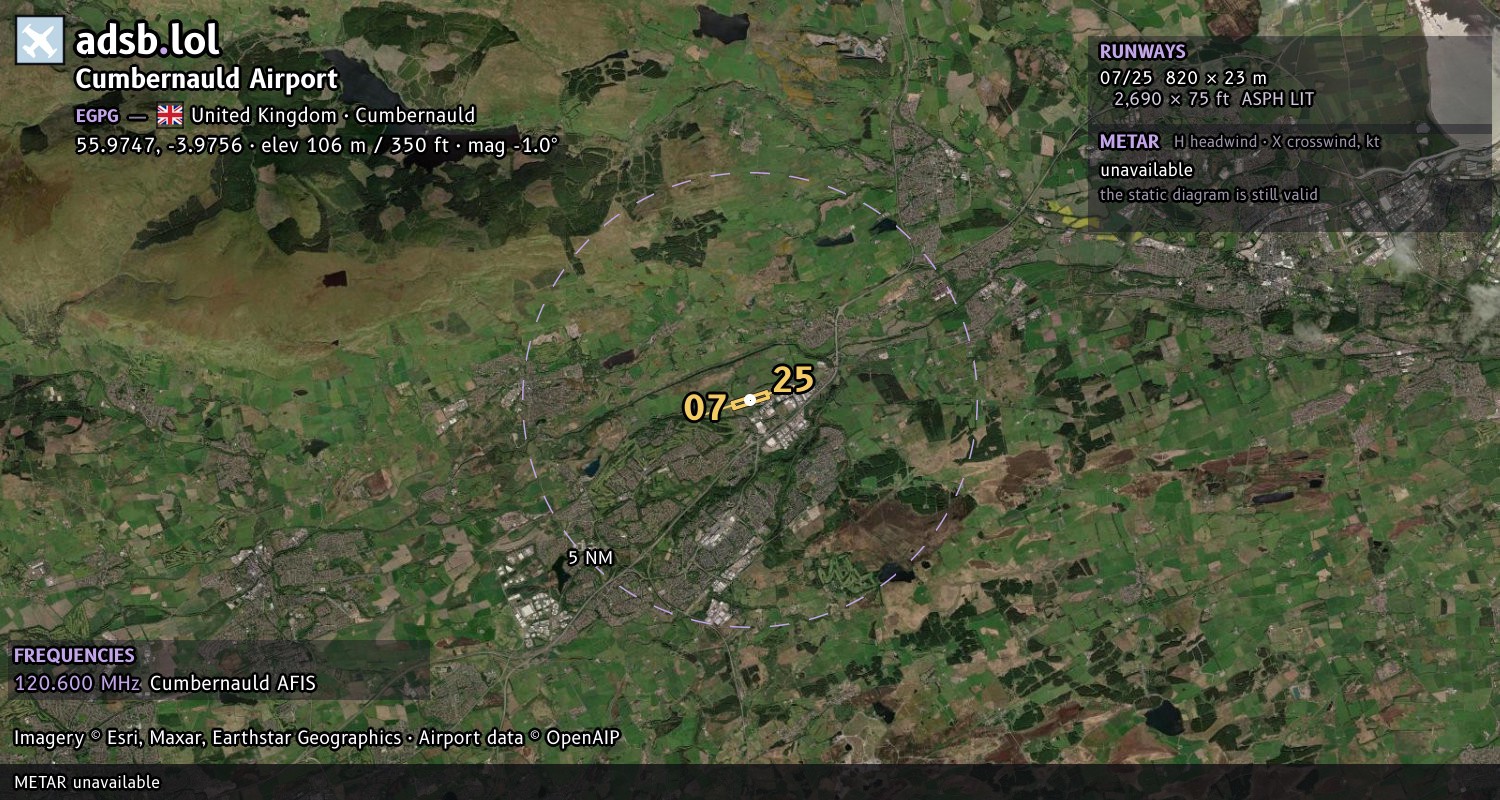 Satellite map with the runway layout of Cumbernauld Airport (EGPG)