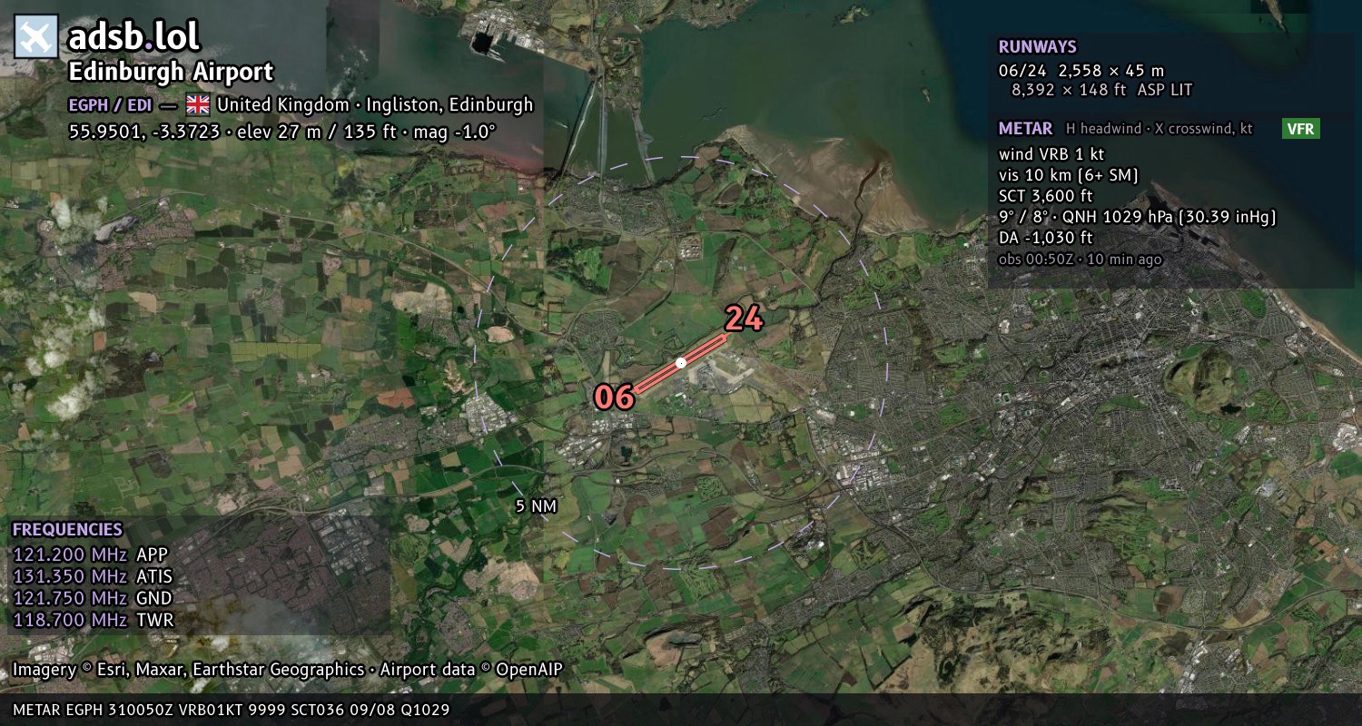 Satellite map with the runway layout of Edinburgh Airport (EGPH)