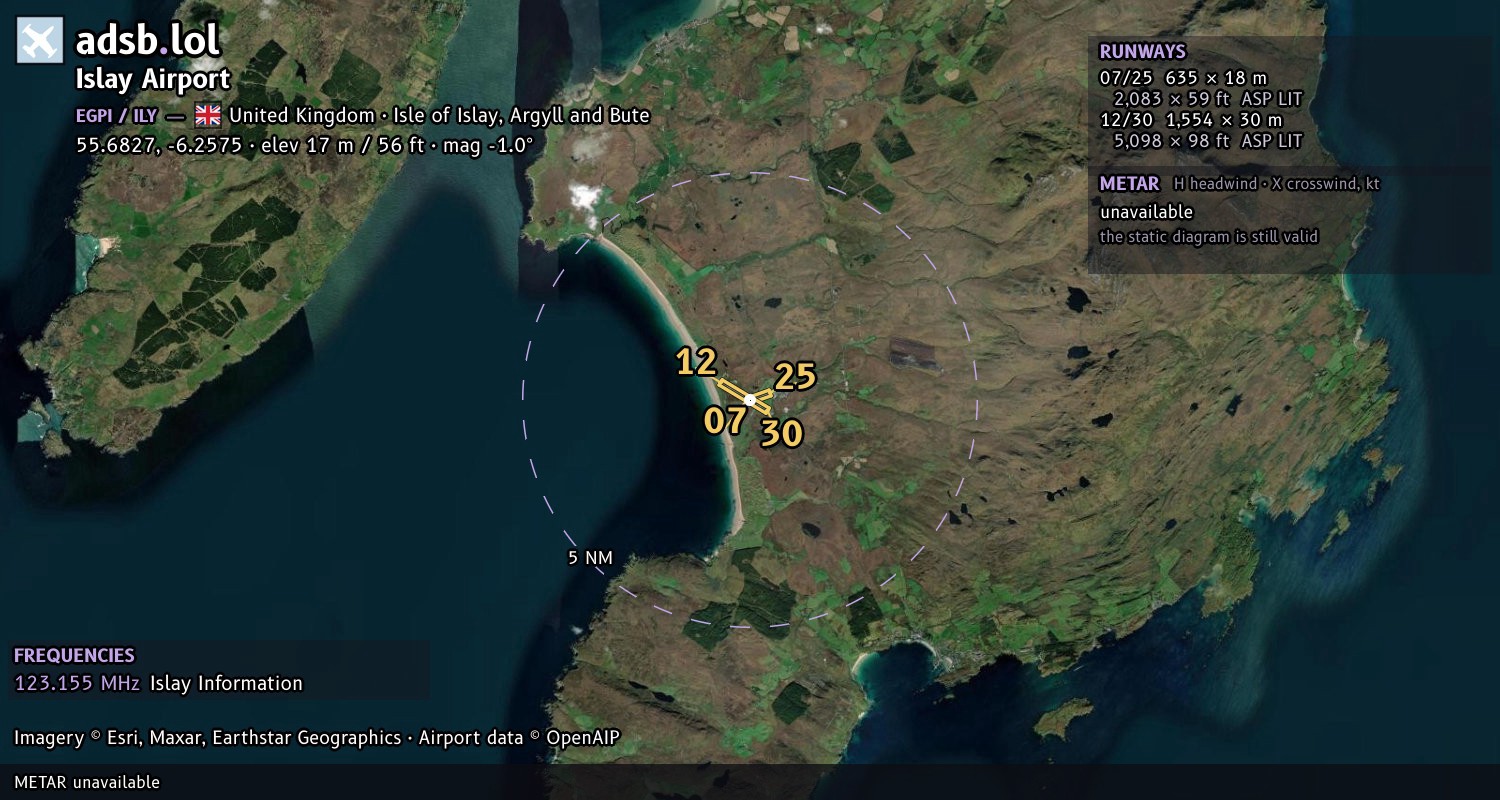 Satellite map with the runway layout of Islay Airport (EGPI)
