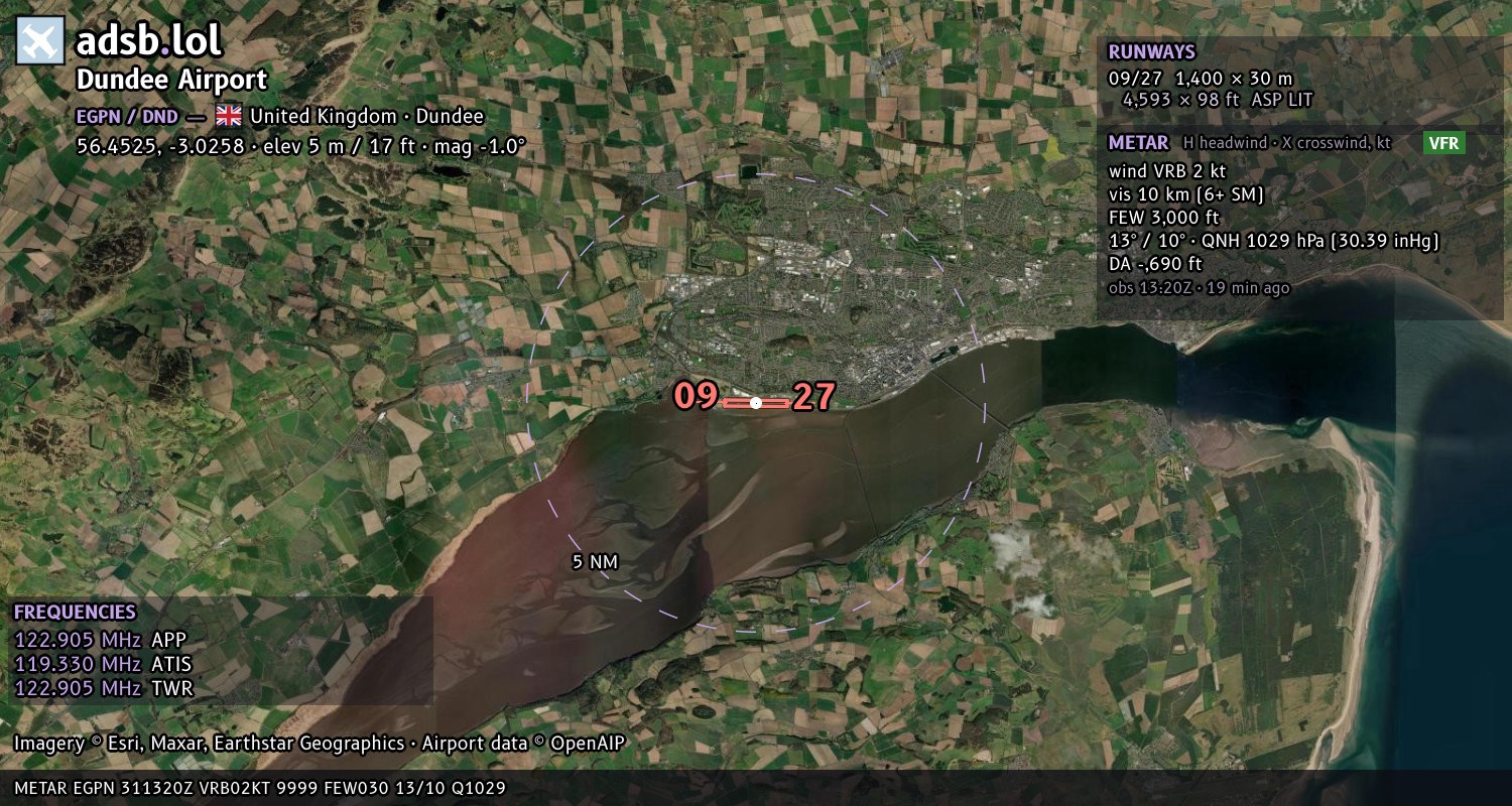 Satellite map with the runway layout of Dundee Airport (EGPN)