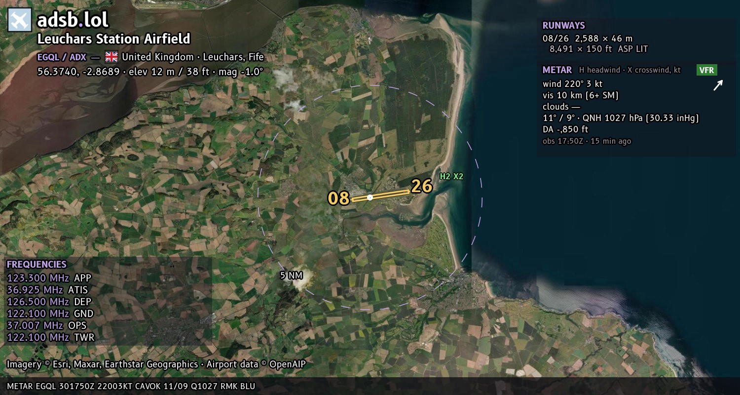 Satellite map with the runway layout of Leuchars Station Airfield (EGQL)