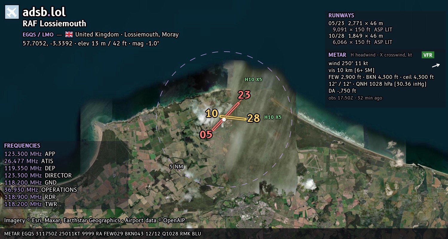 Satellite map with the runway layout of RAF Lossiemouth (EGQS)