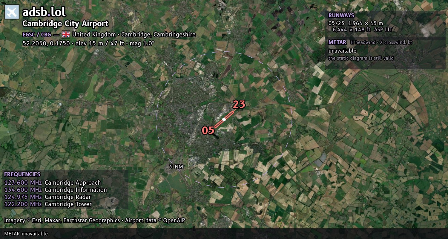 Satellite map with the runway layout of Cambridge City Airport (EGSC)