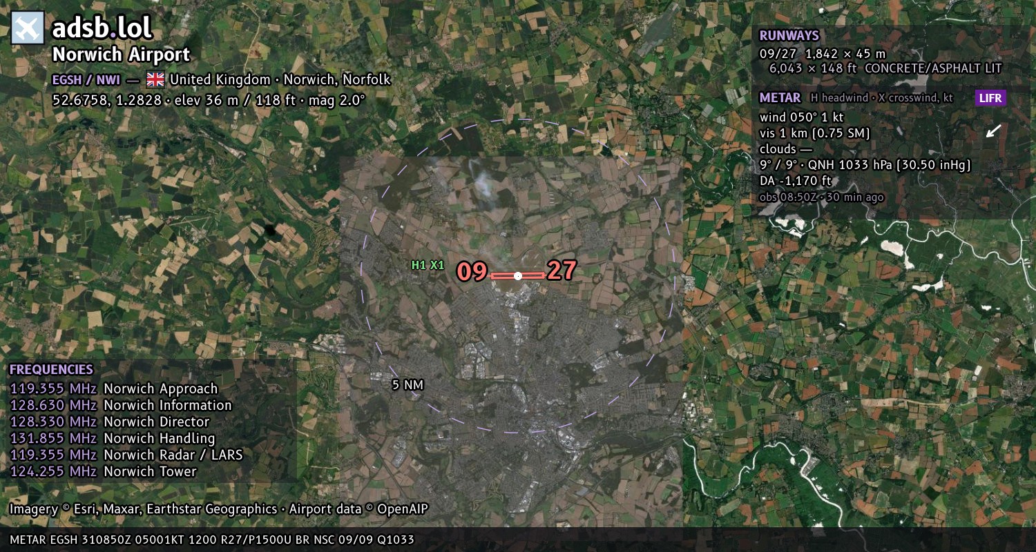 Satellite map with the runway layout of Norwich Airport (EGSH)