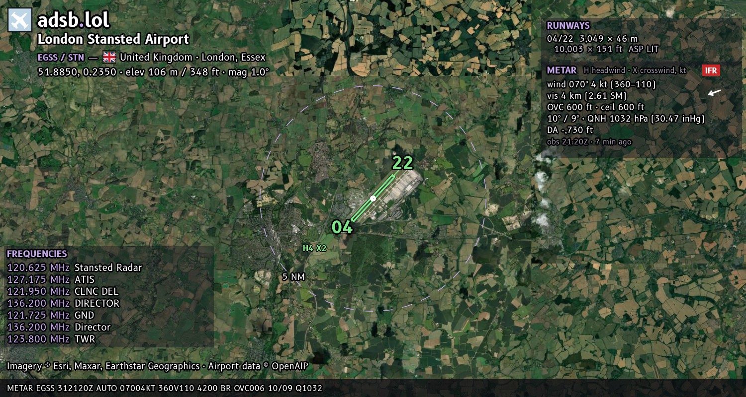Satellite map with the runway layout of London Stansted Airport (EGSS)