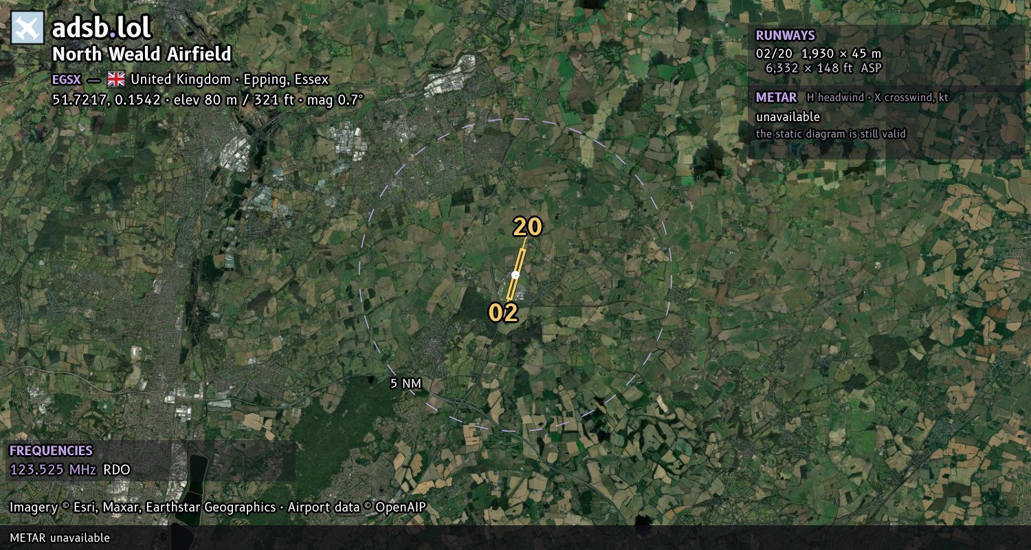 Satellite map with the runway layout of North Weald Airfield (EGSX)