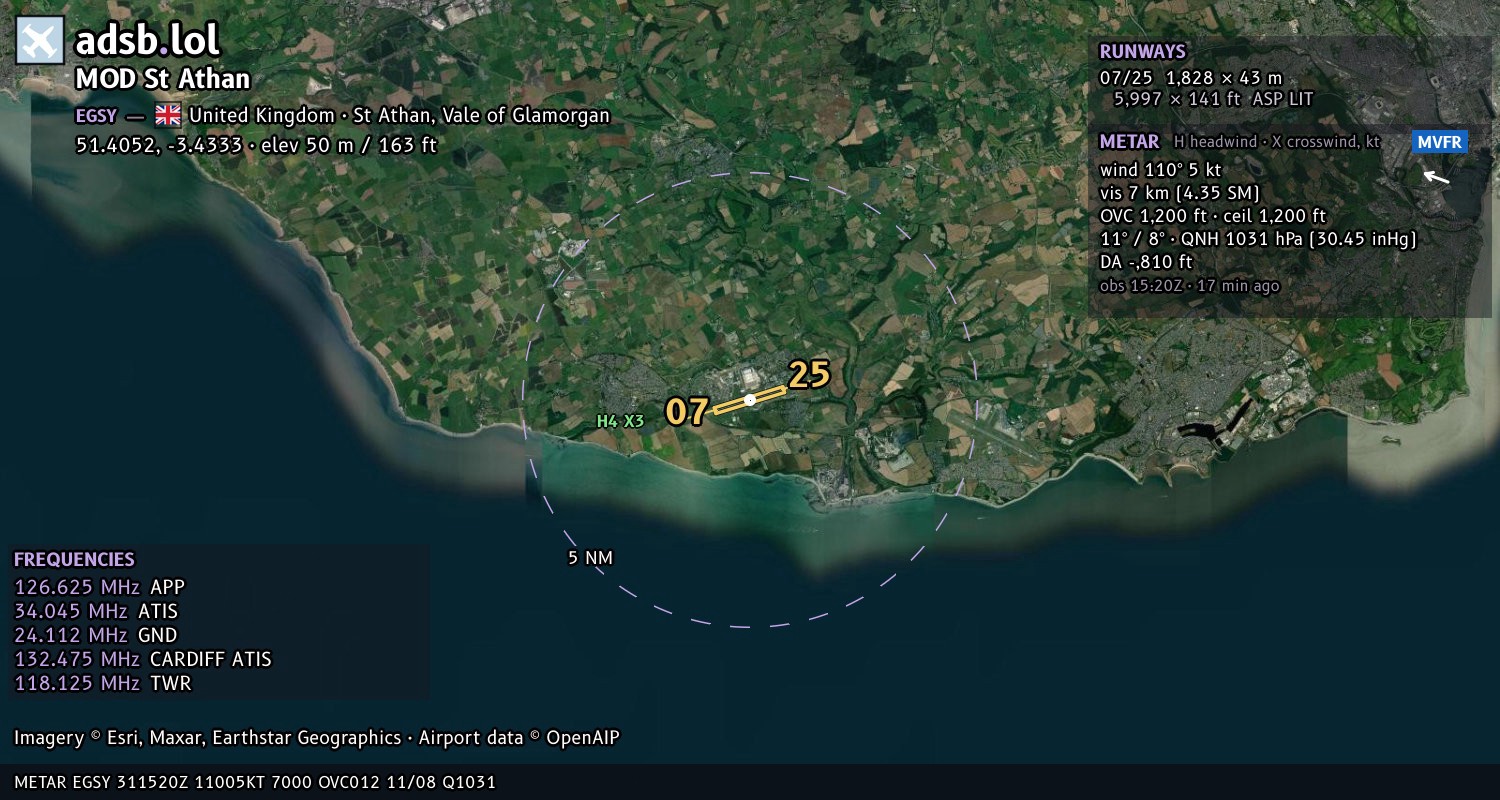 Satellite map with the runway layout of MOD St Athan (EGSY)