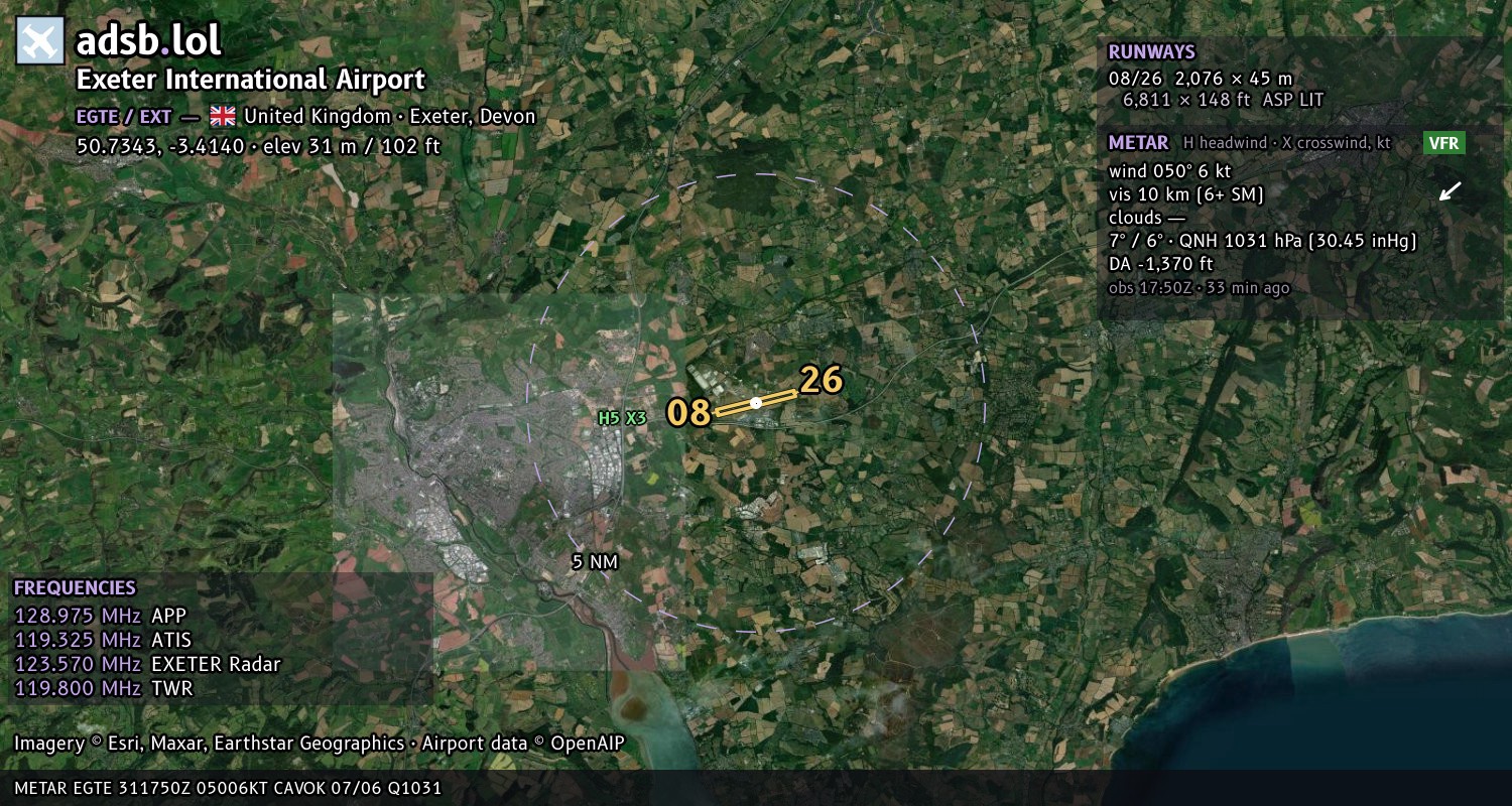 Satellite map with the runway layout of Exeter International Airport (EGTE)