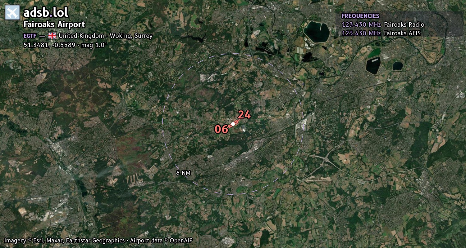 Satellite map with the runway layout of Fairoaks Airport (EGTF)