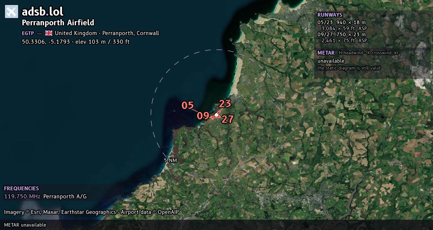 Satellite map with the runway layout of Perranporth Airfield (EGTP)