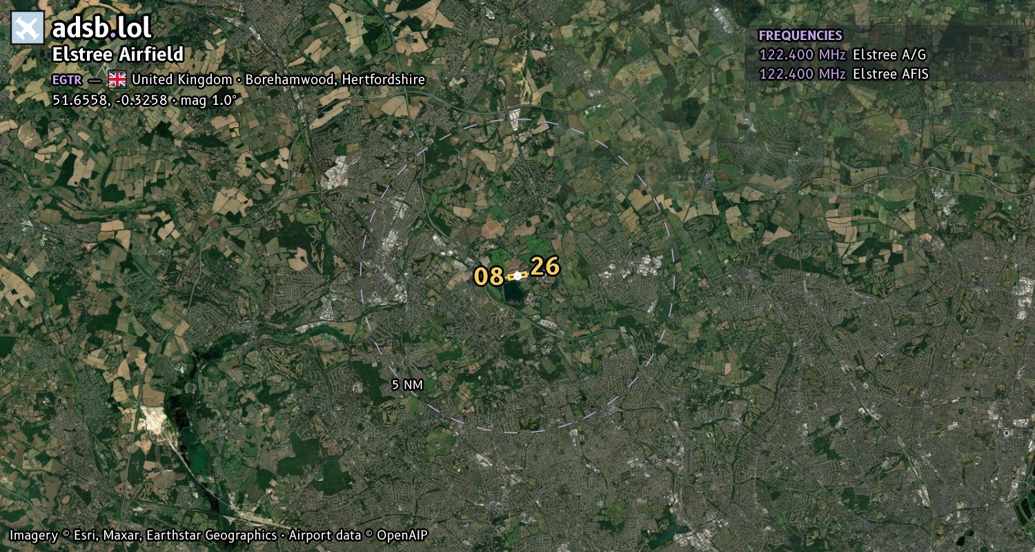 Satellite map with the runway layout of Elstree Airfield (EGTR)