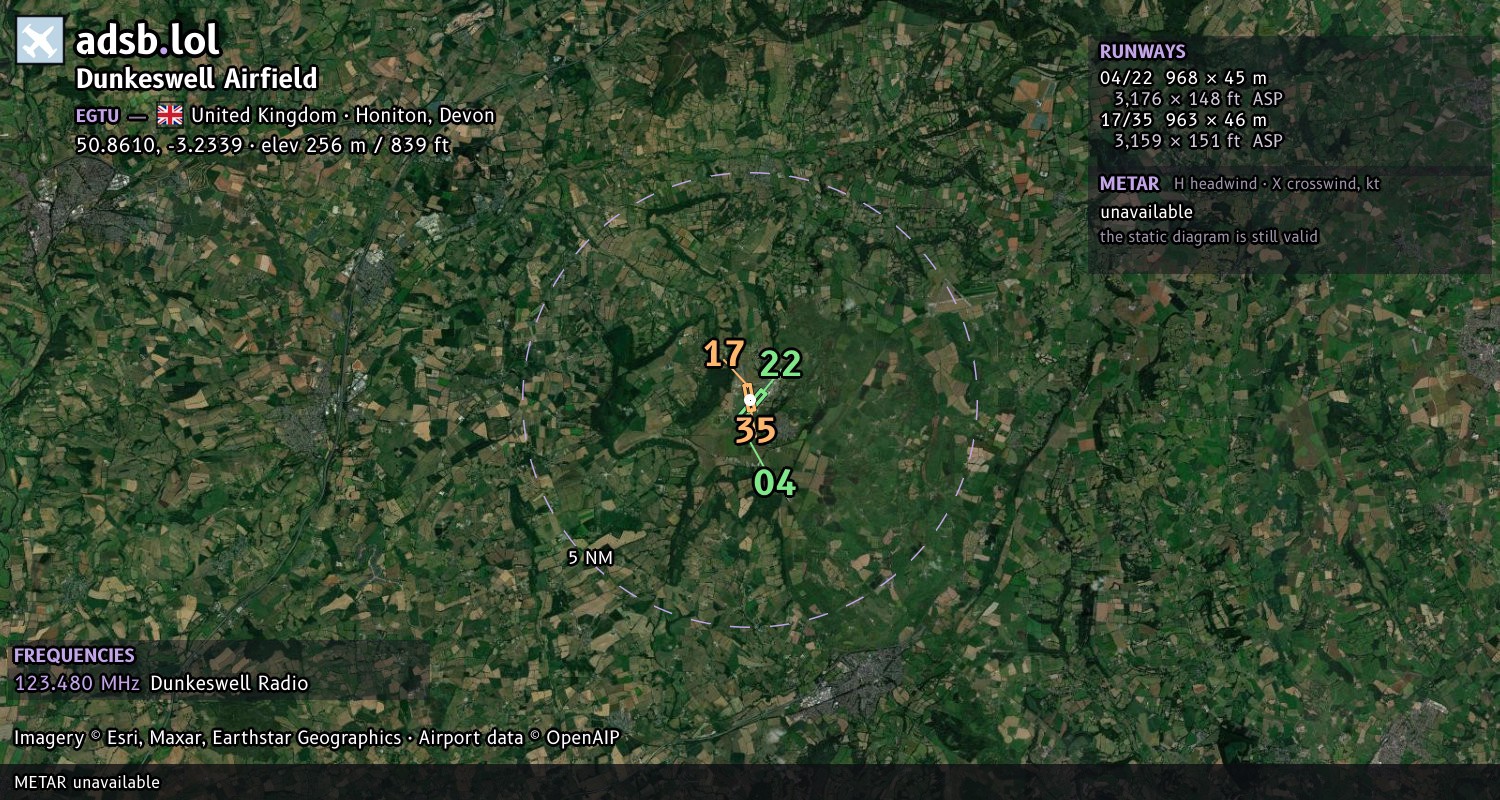 Satellite map with the runway layout of Dunkeswell Airfield (EGTU)