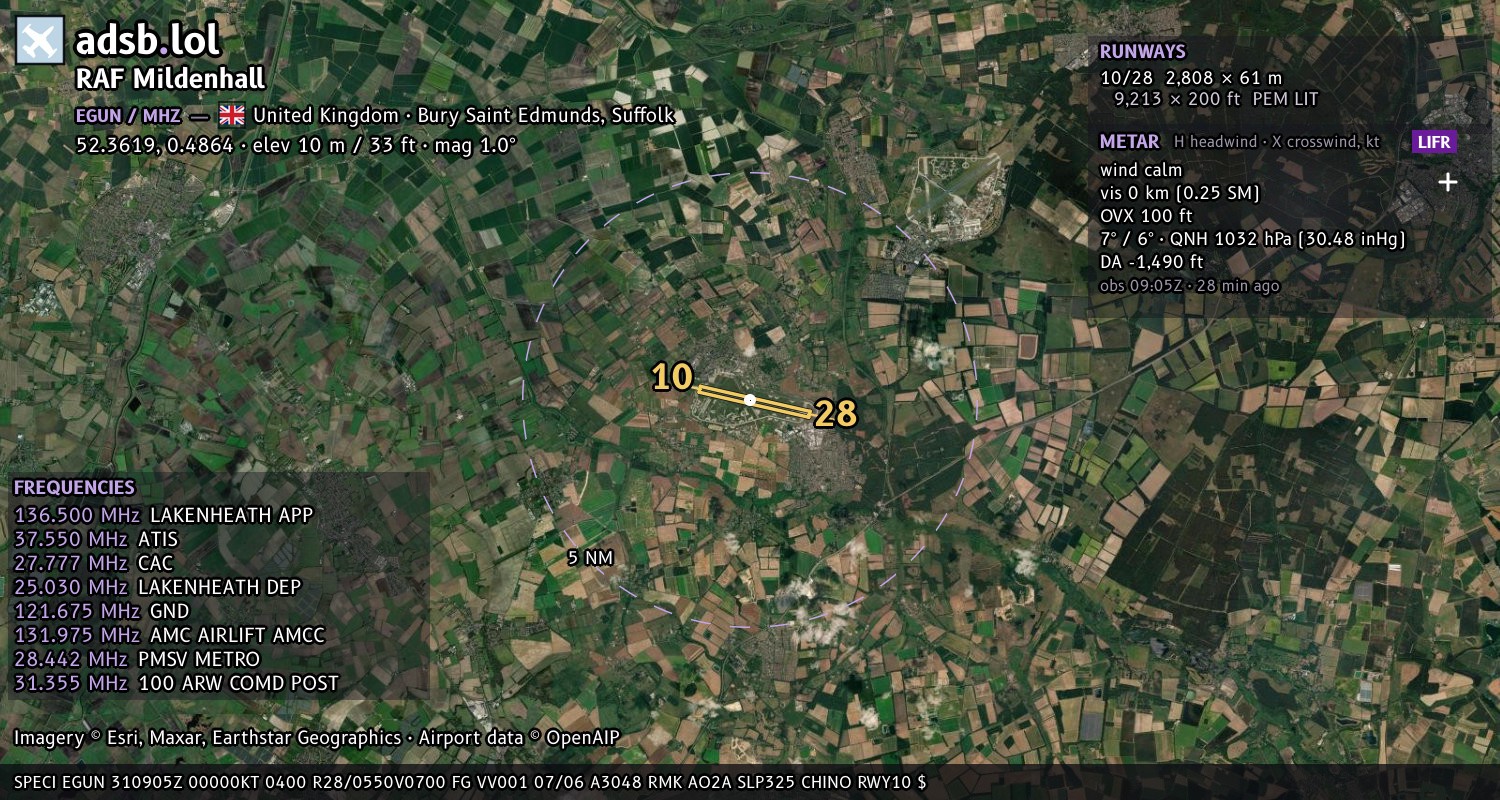 Satellite map with the runway layout of RAF Mildenhall (EGUN)