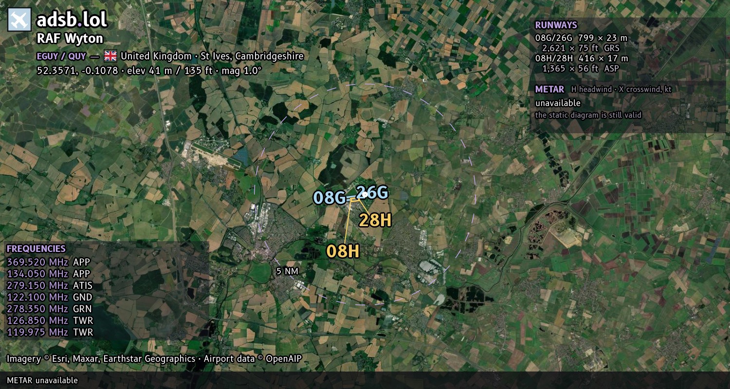 Satellite map with the runway layout of RAF Wyton (EGUY)