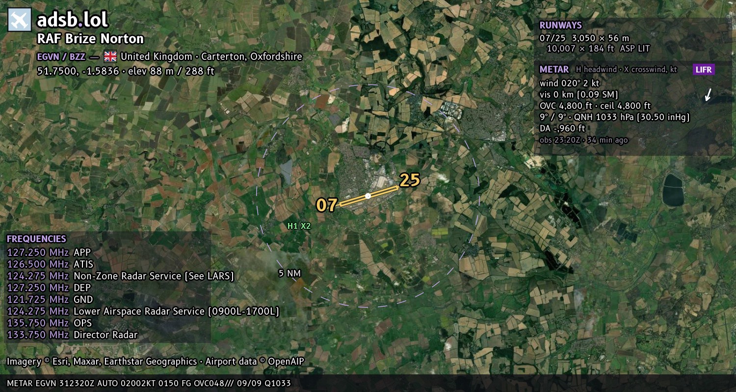 Satellite map with the runway layout of RAF Brize Norton (EGVN)