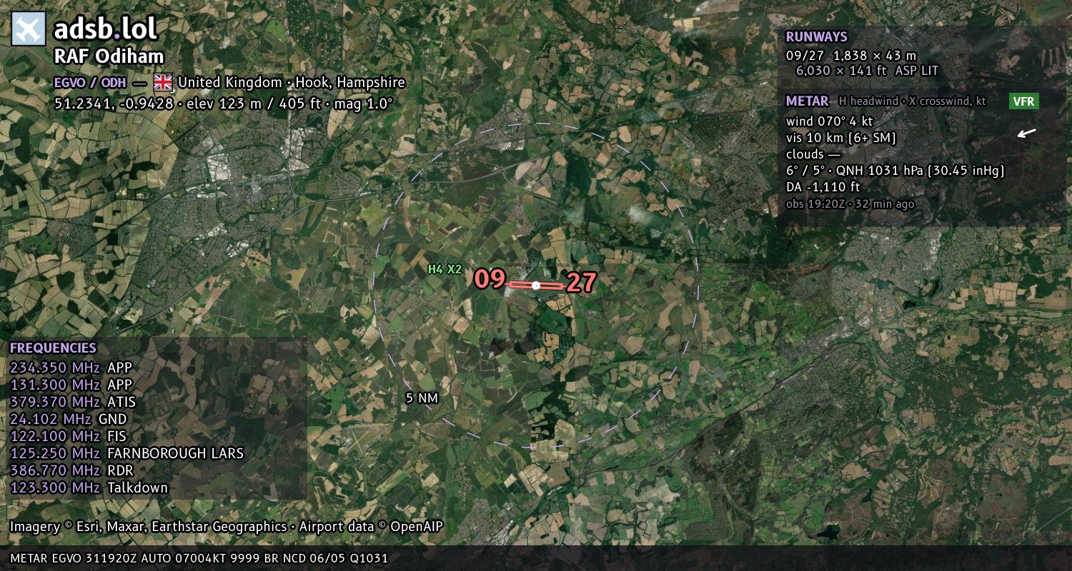 Satellite map with the runway layout of RAF Odiham (EGVO)