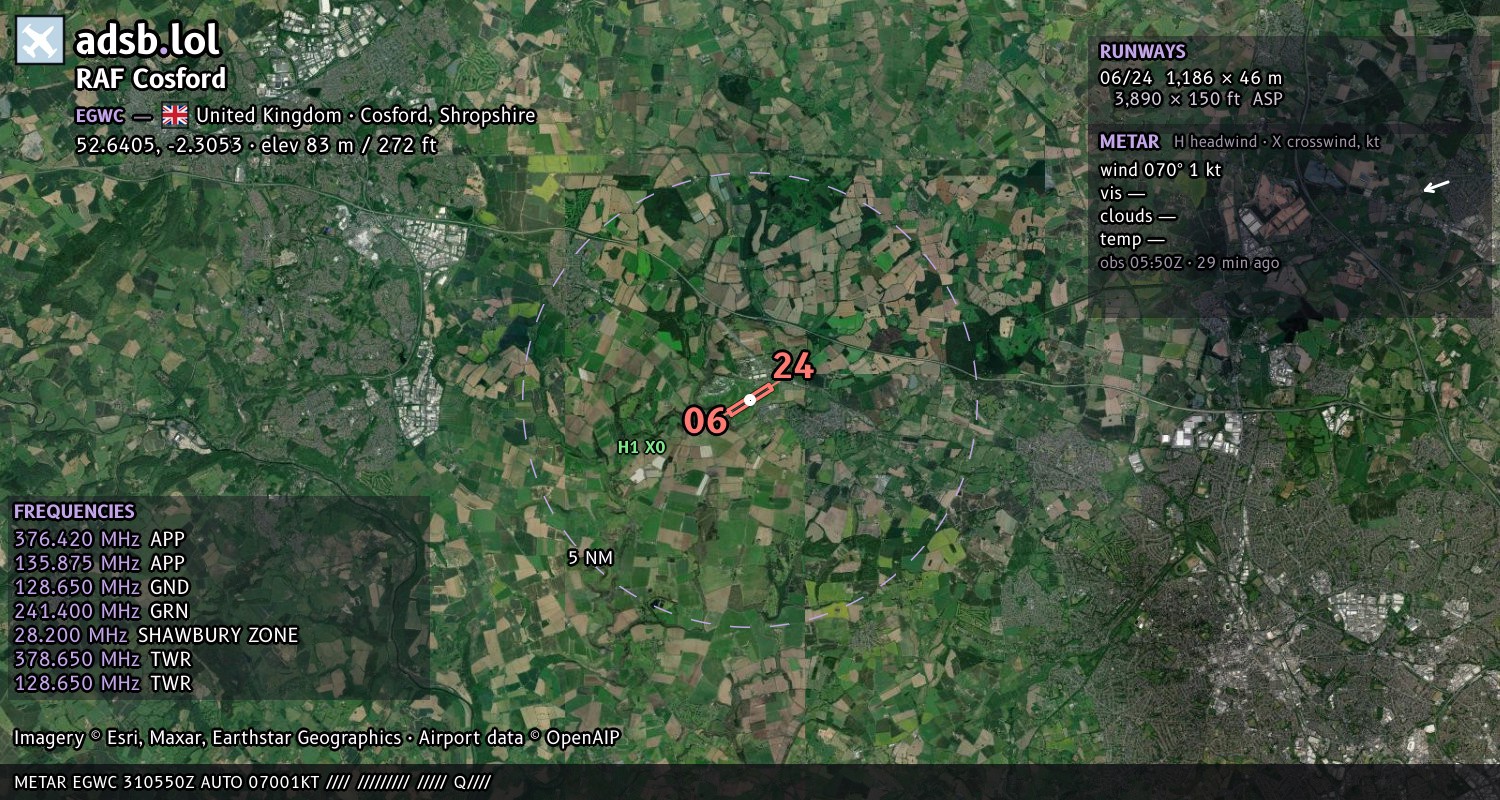 Satellite map with the runway layout of RAF Cosford (EGWC)