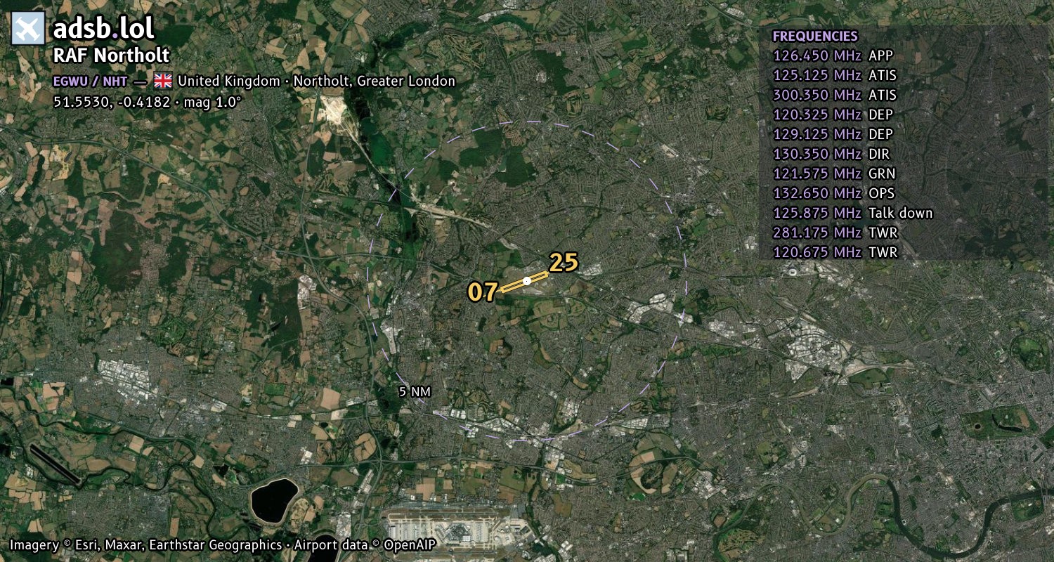 Satellite map with the runway layout of RAF Northolt (EGWU)