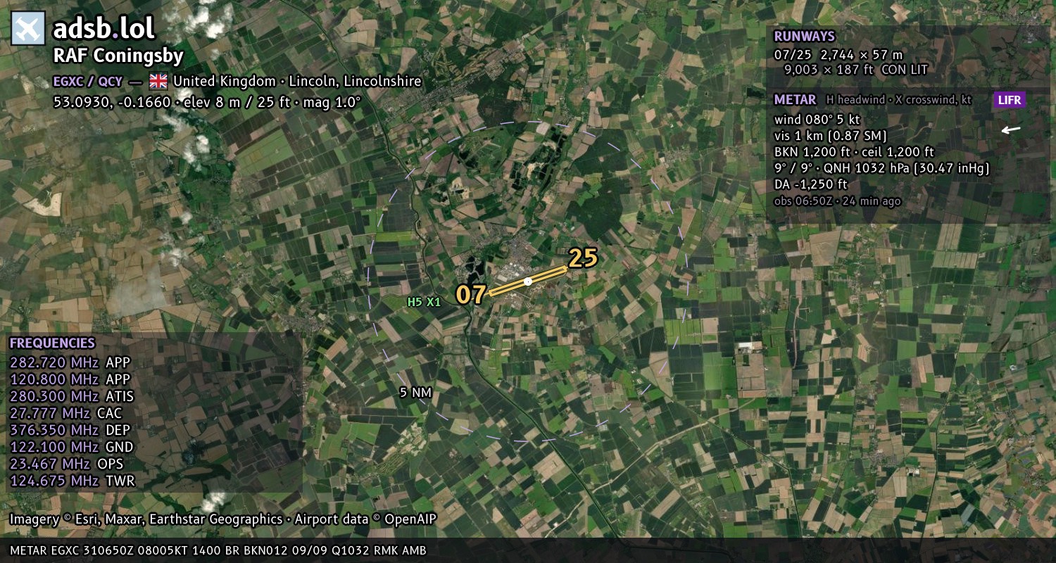 Satellite map with the runway layout of RAF Coningsby (EGXC)