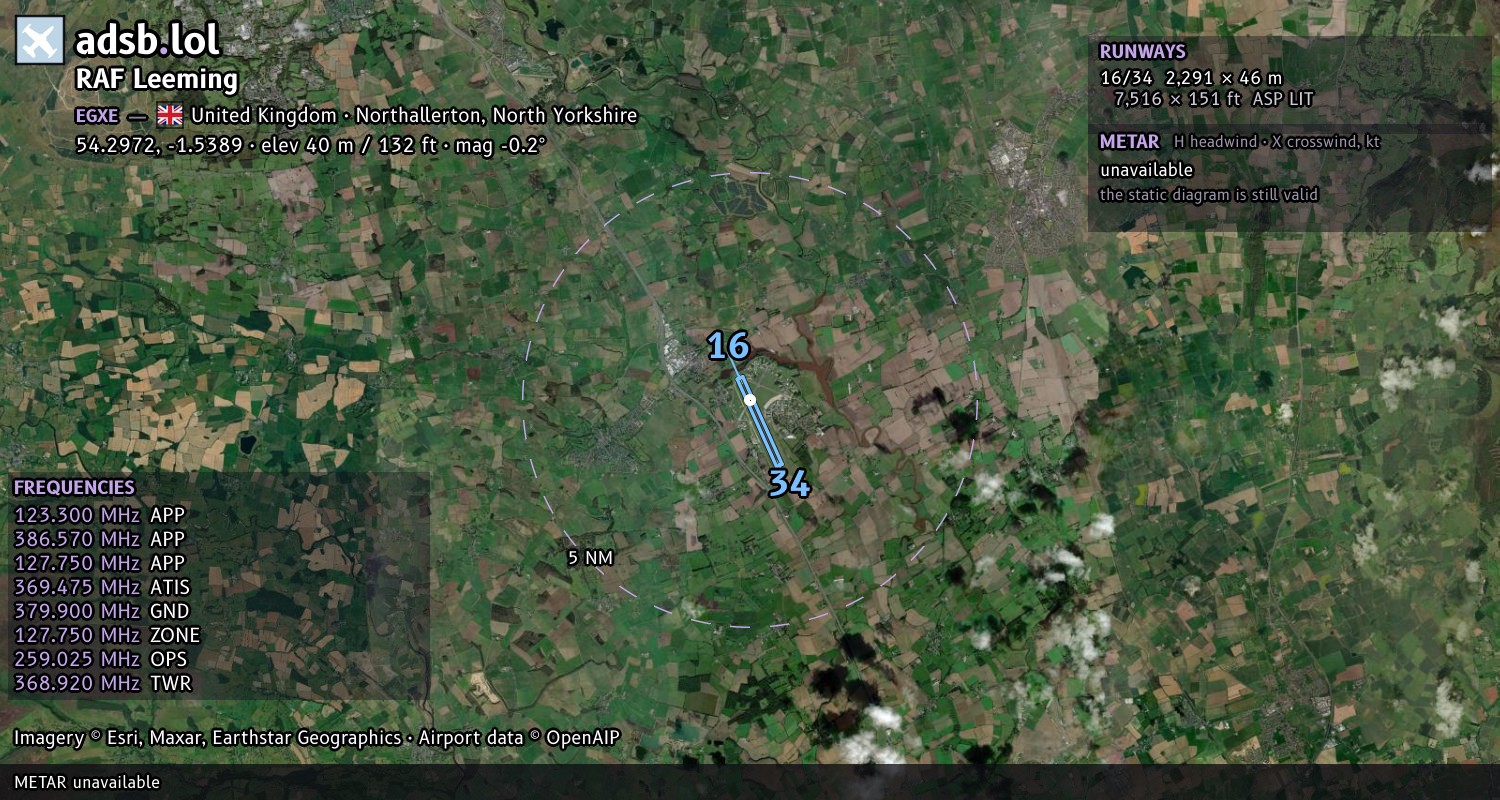 Satellite map with the runway layout of RAF Leeming (EGXE)