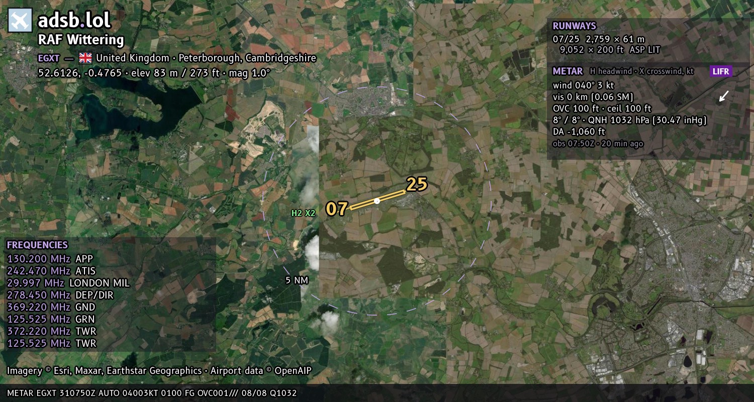 Satellite map with the runway layout of RAF Wittering (EGXT)