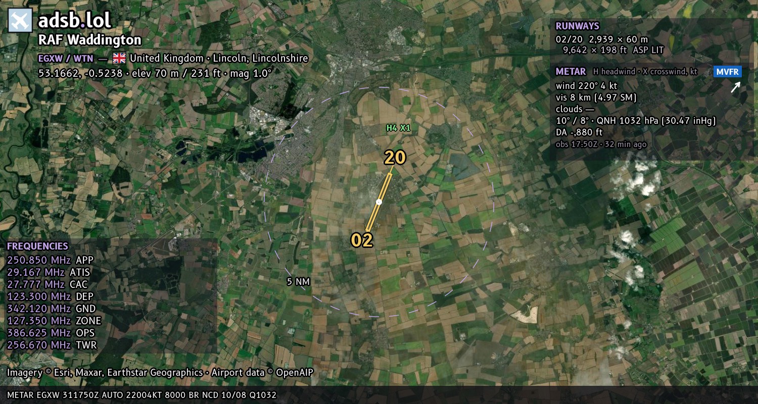 Satellite map with the runway layout of RAF Waddington (EGXW)