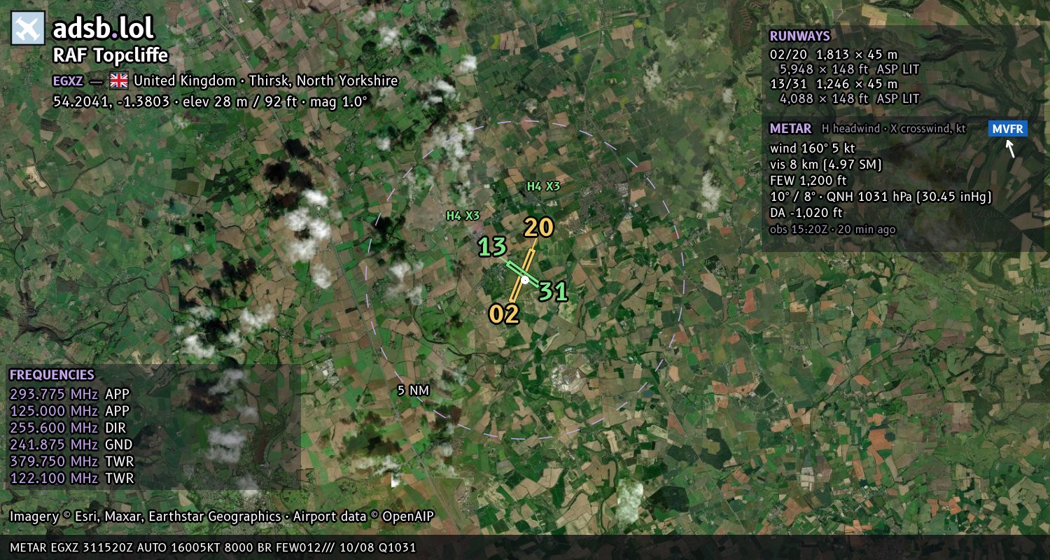 Satellite map with the runway layout of RAF Topcliffe (EGXZ)