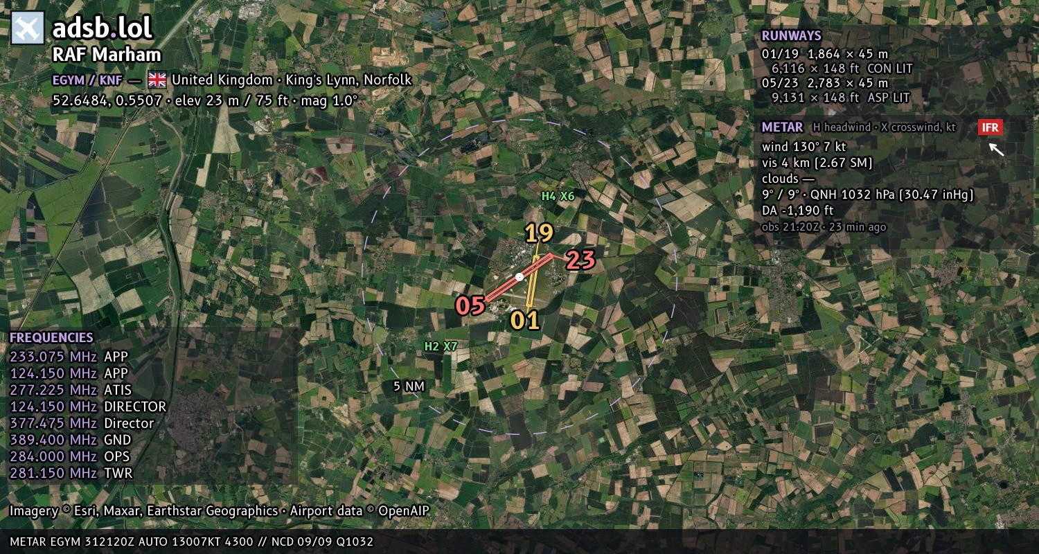 Satellite map with the runway layout of RAF Marham (EGYM)