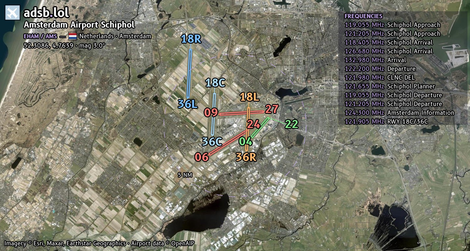 Satellite map with the runway layout of Amsterdam Airport Schiphol (EHAM)