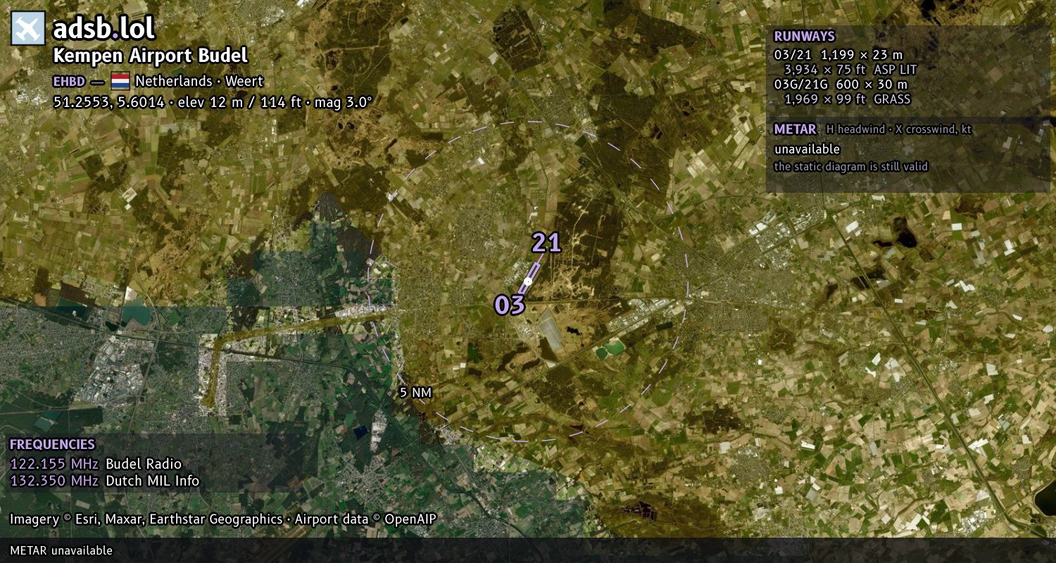 Satellite map with the runway layout of Kempen Airport Budel (EHBD)