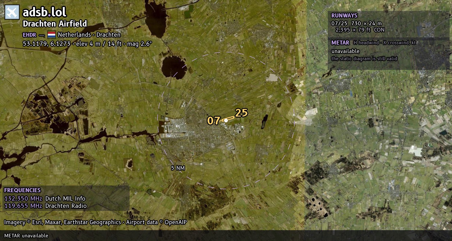 Satellite map with the runway layout of Drachten Airfield (EHDR)