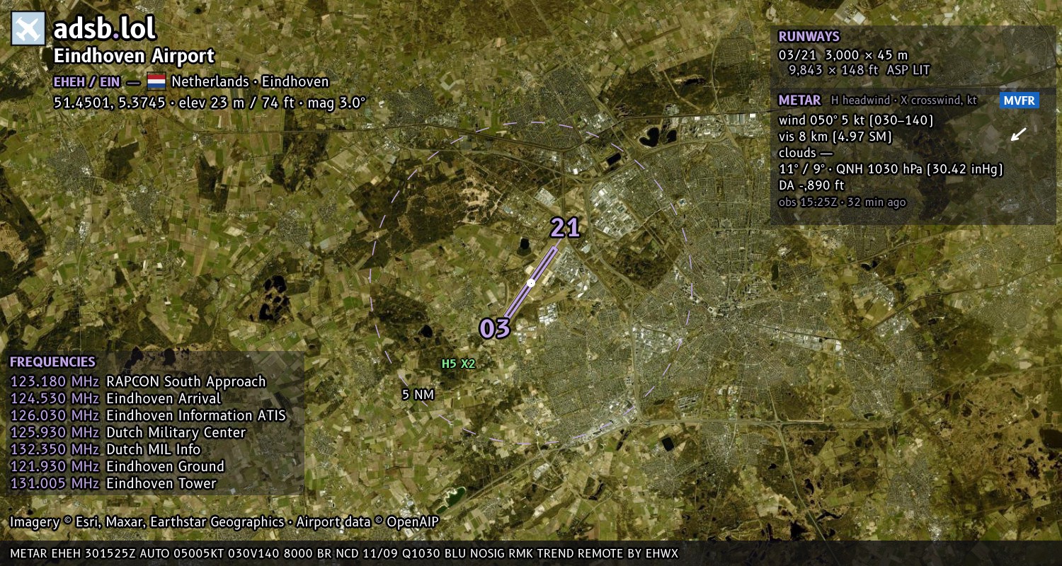 Satellite map with the runway layout of Eindhoven Airport (EHEH)