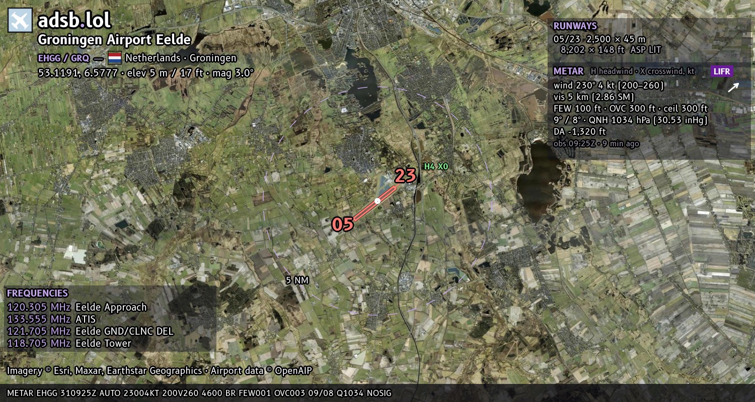 Satellite map with the runway layout of Groningen Airport Eelde (EHGG)