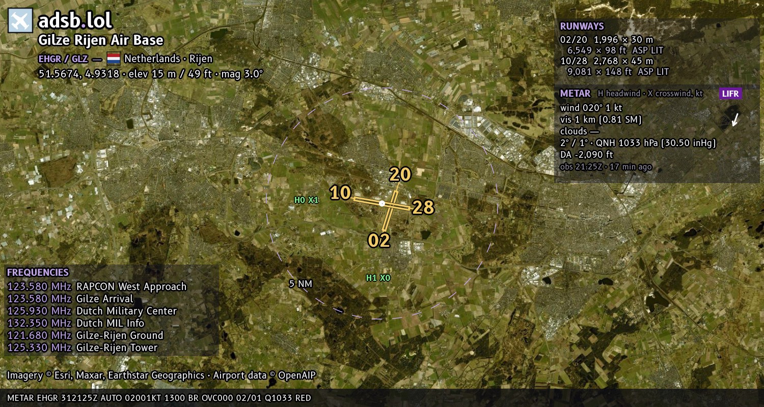 Satellite map with the runway layout of Gilze Rijen Air Base (EHGR)