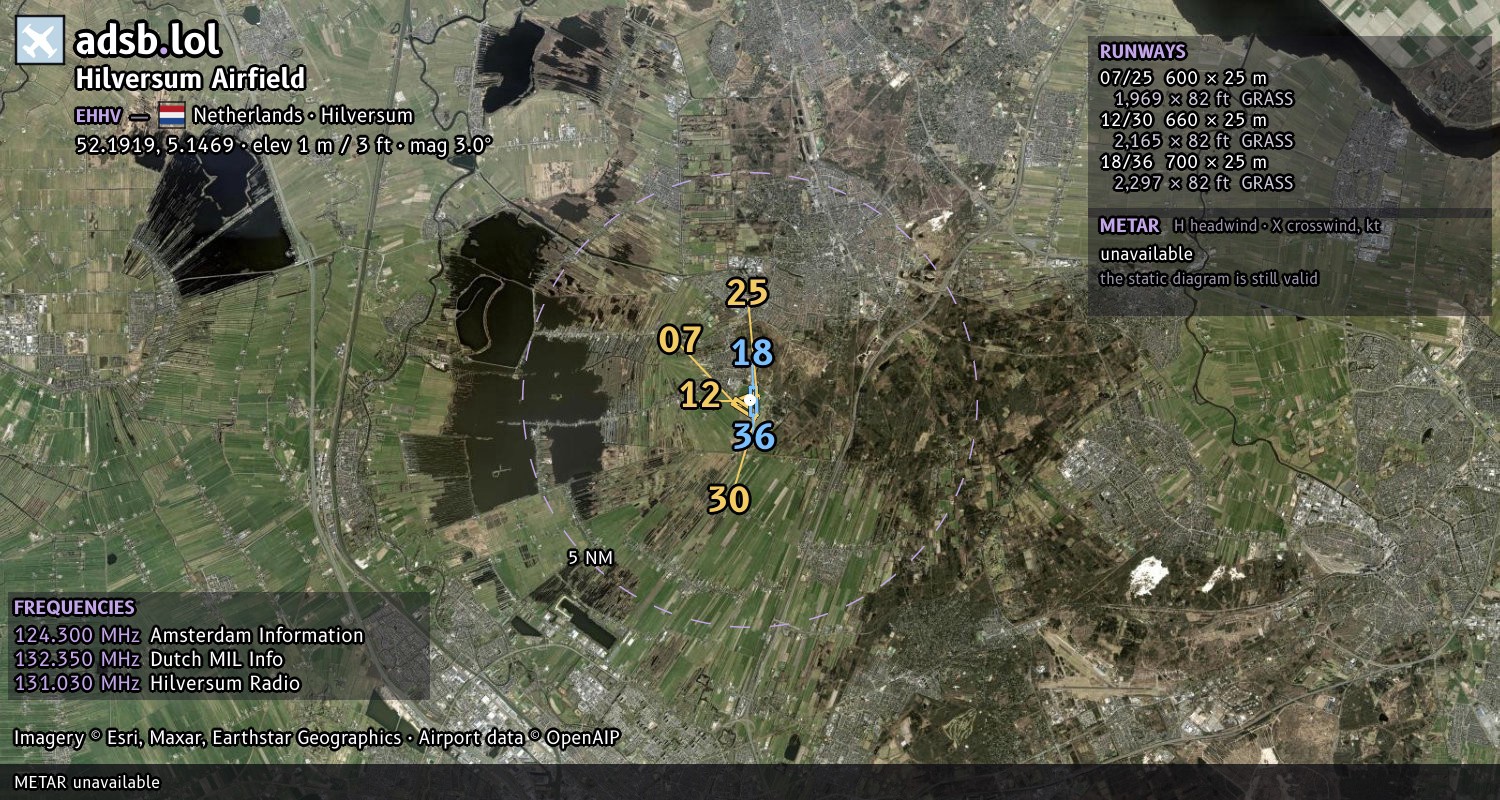Satellite map with the runway layout of Hilversum Airfield (EHHV)