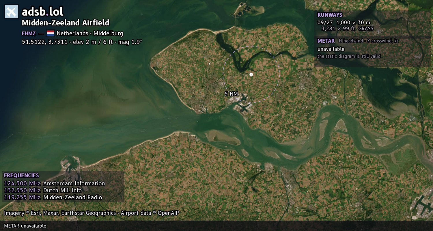 Satellite map with the runway layout of Midden-Zeeland Airfield (EHMZ)