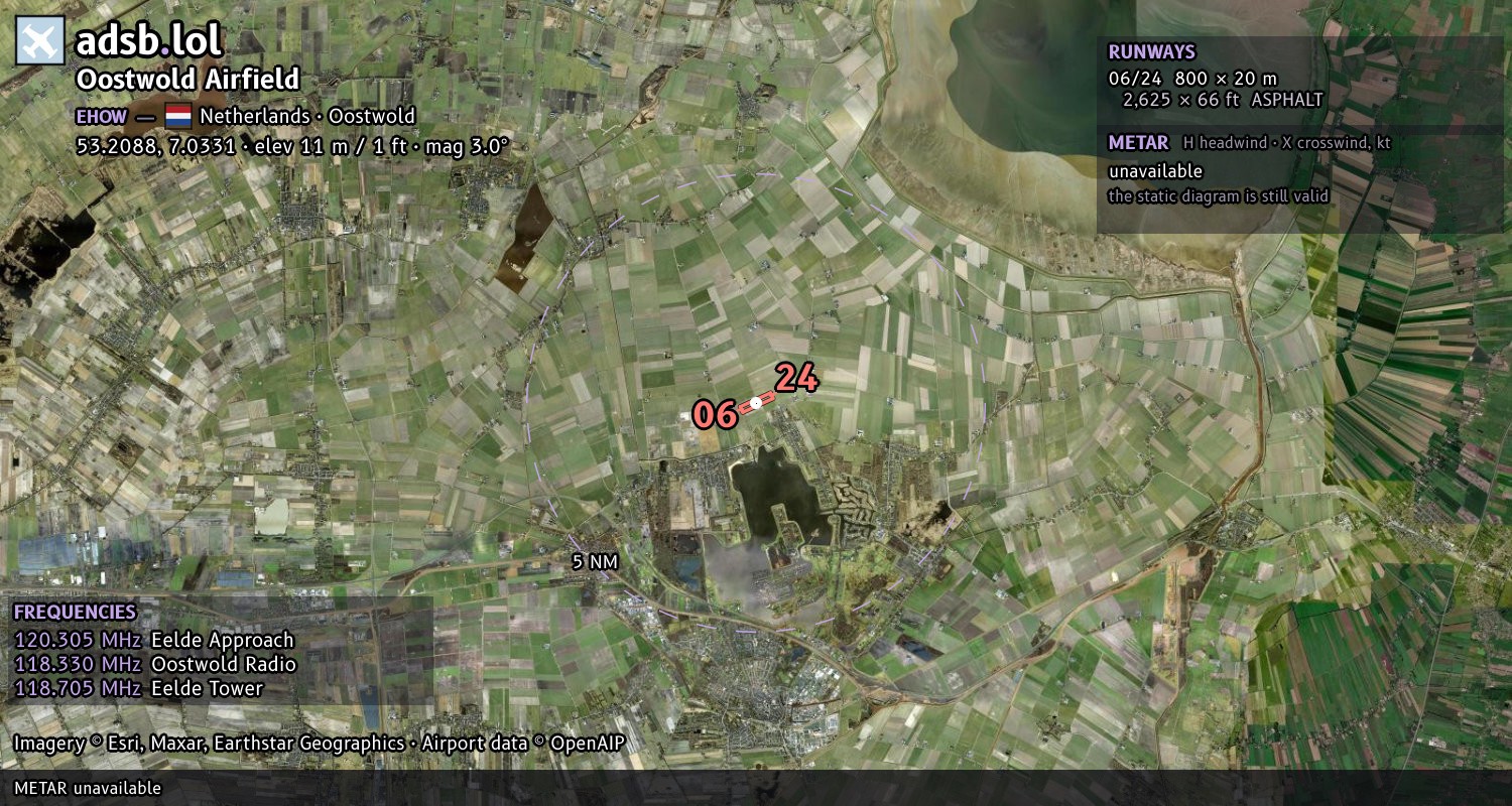 Satellite map with the runway layout of Oostwold Airfield (EHOW)