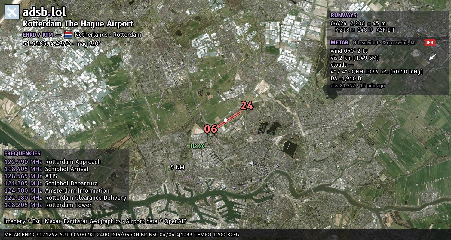 Satellite map with the runway layout of Rotterdam The Hague Airport (EHRD)
