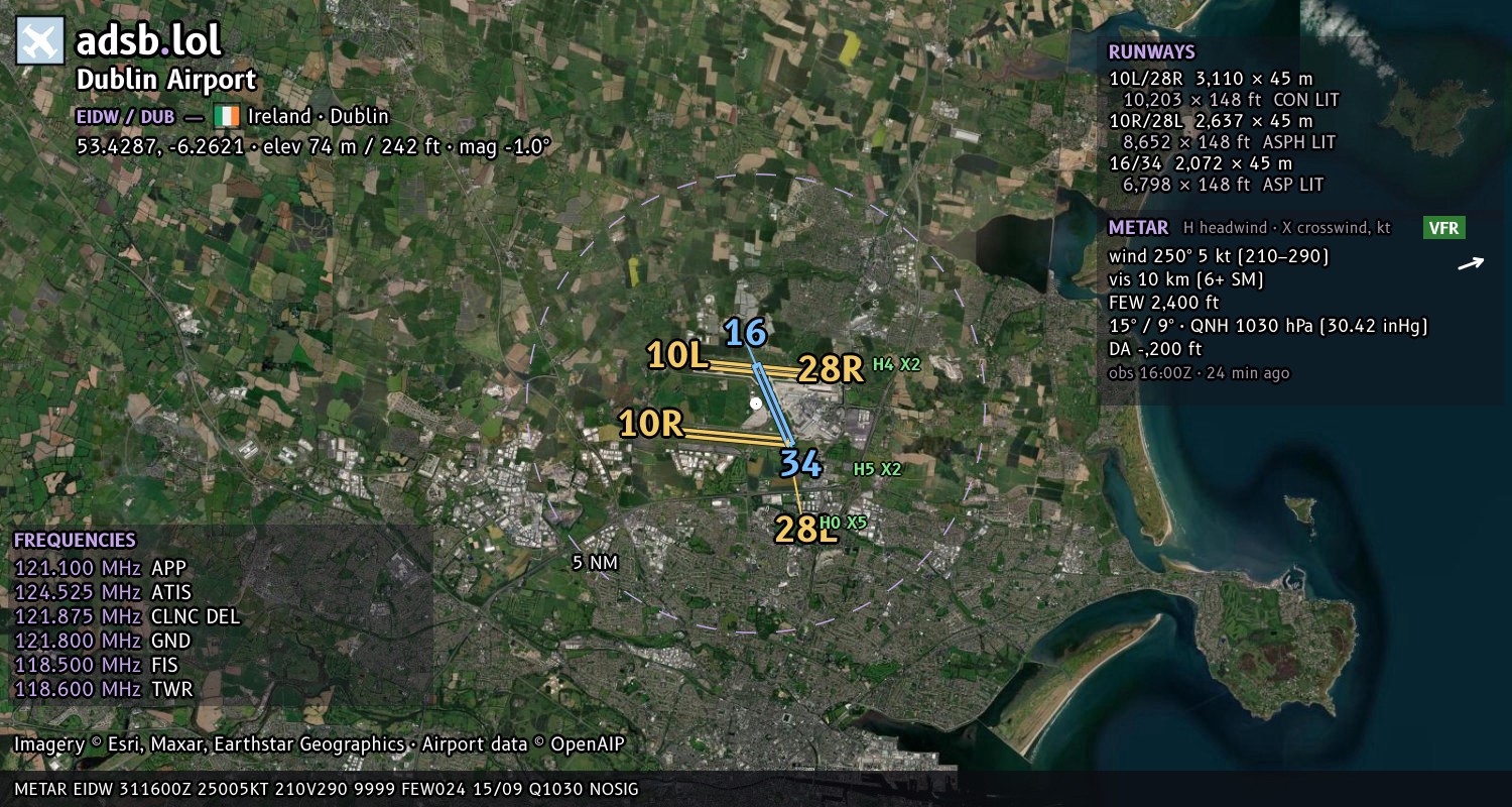 Satellite map with the runway layout of Dublin Airport (EIDW)