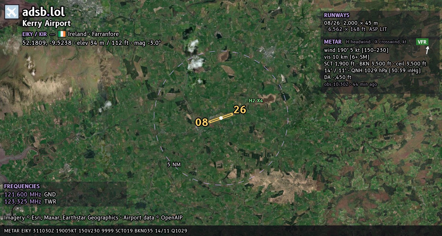 Satellite map with the runway layout of Kerry Airport (EIKY)