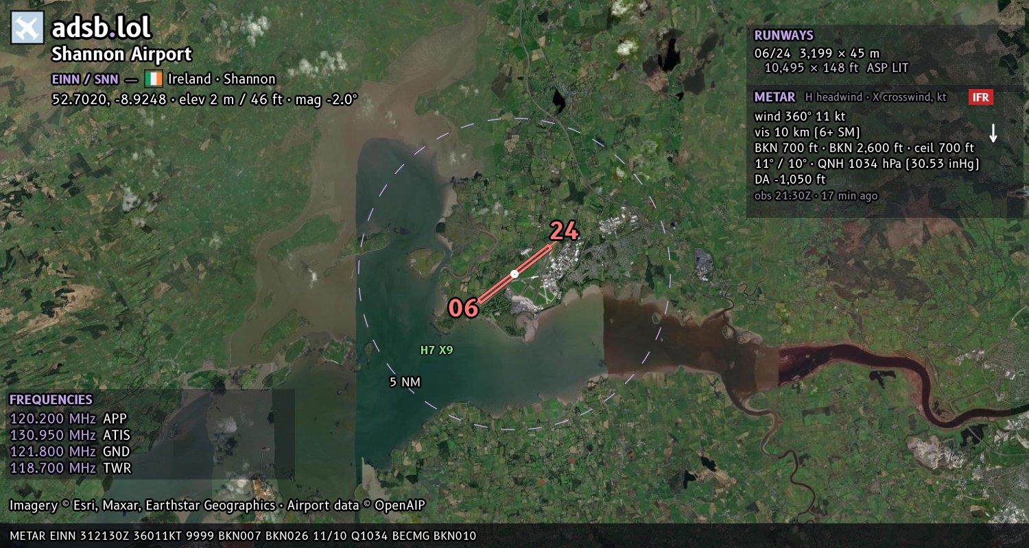 Satellite map with the runway layout of Shannon Airport (EINN)