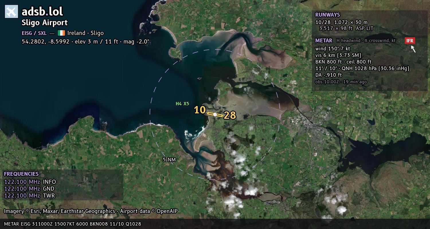 Satellite map with the runway layout of Sligo Airport (EISG)