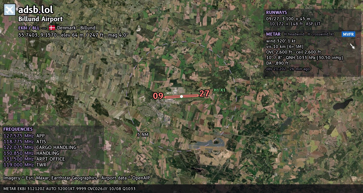 Satellite map with the runway layout of Billund Airport (EKBI)