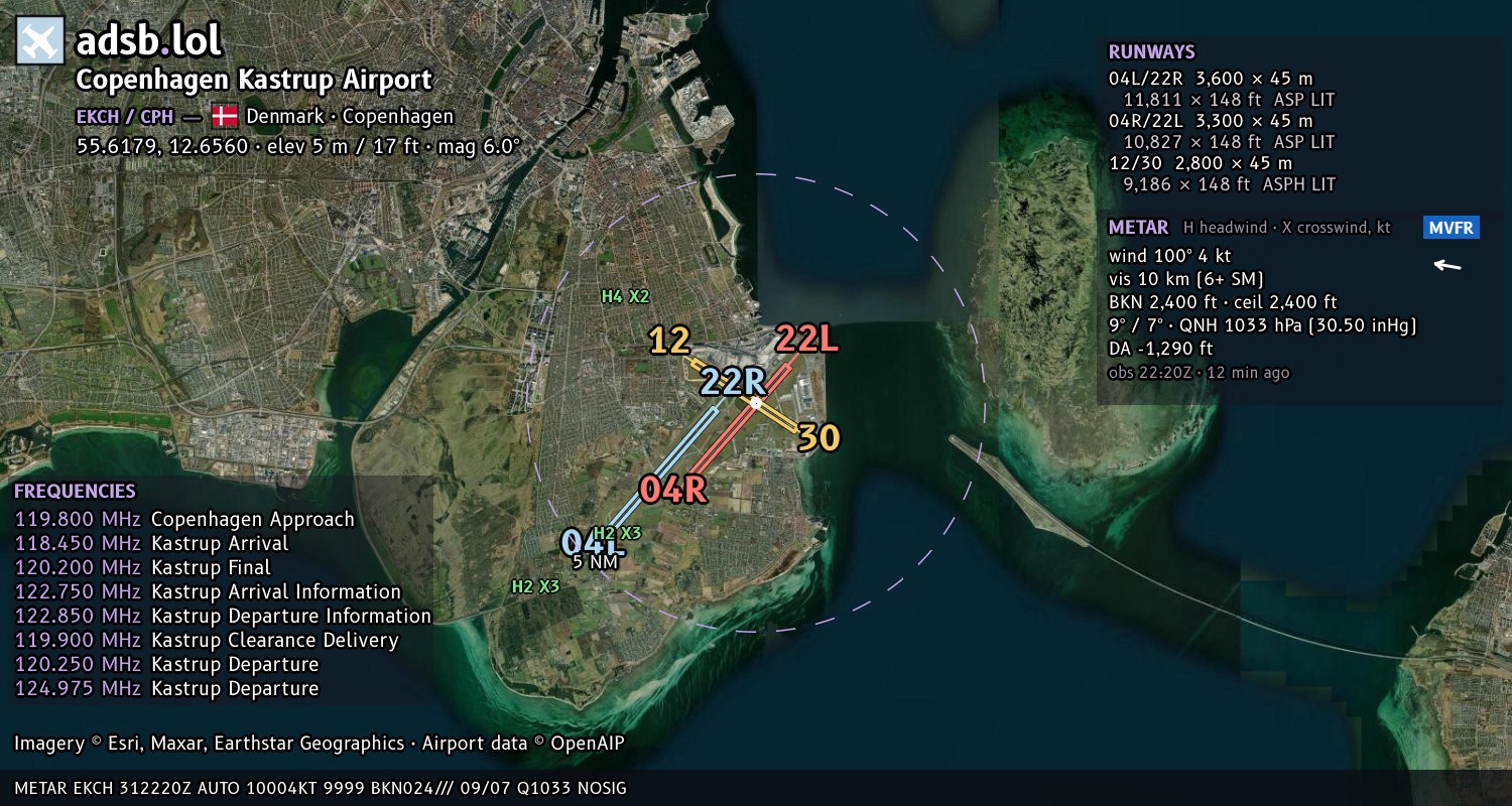 Satellite map with the runway layout of Copenhagen Kastrup Airport (EKCH)