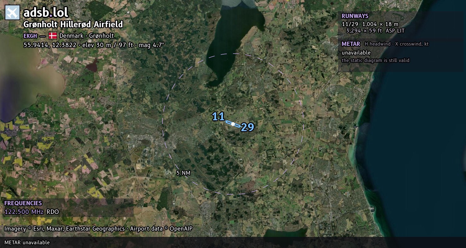 Satellite map with the runway layout of Grønholt Hillerød Airfield (EKGH)