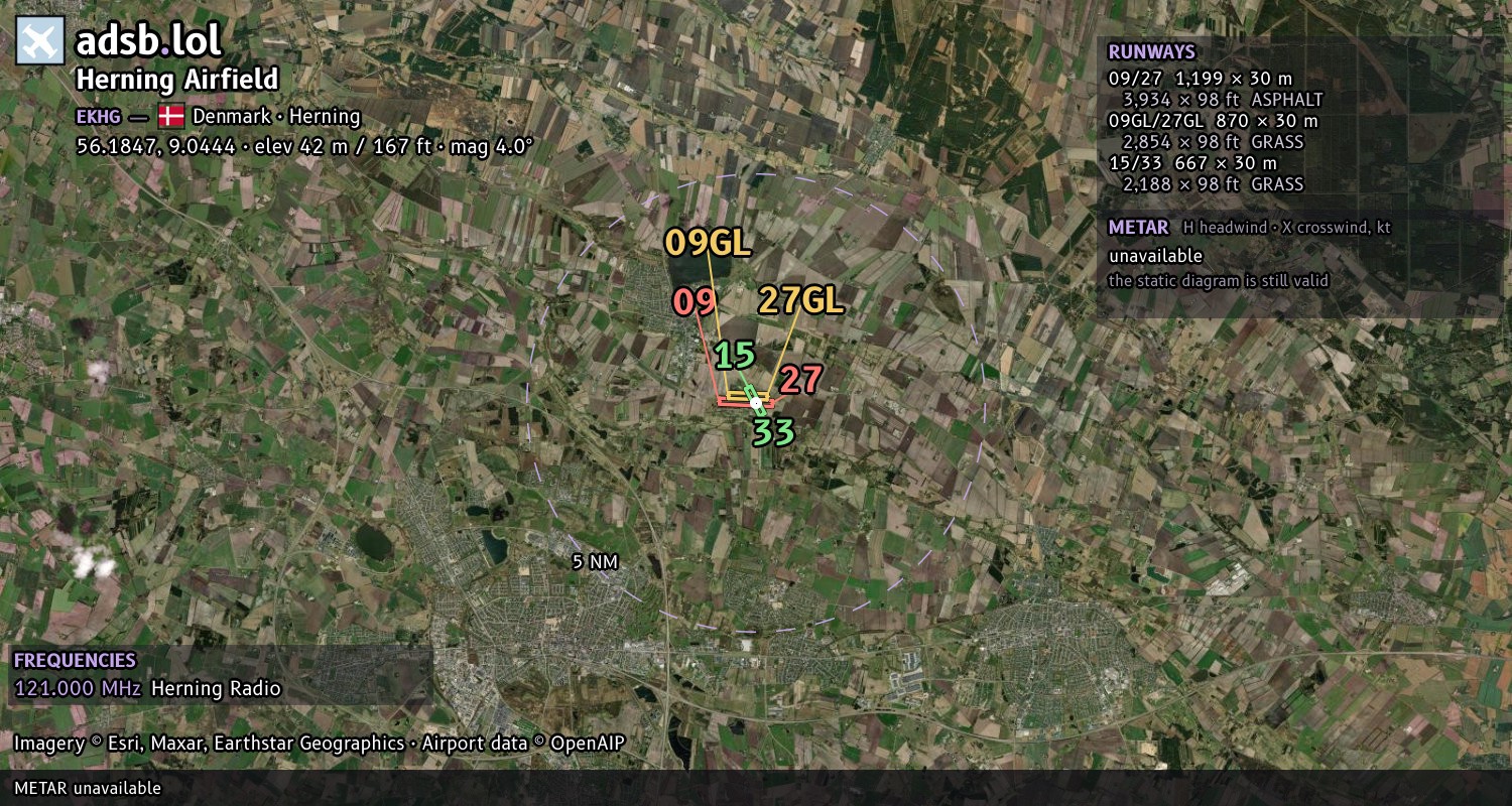 Satellite map with the runway layout of Herning Airfield (EKHG)
