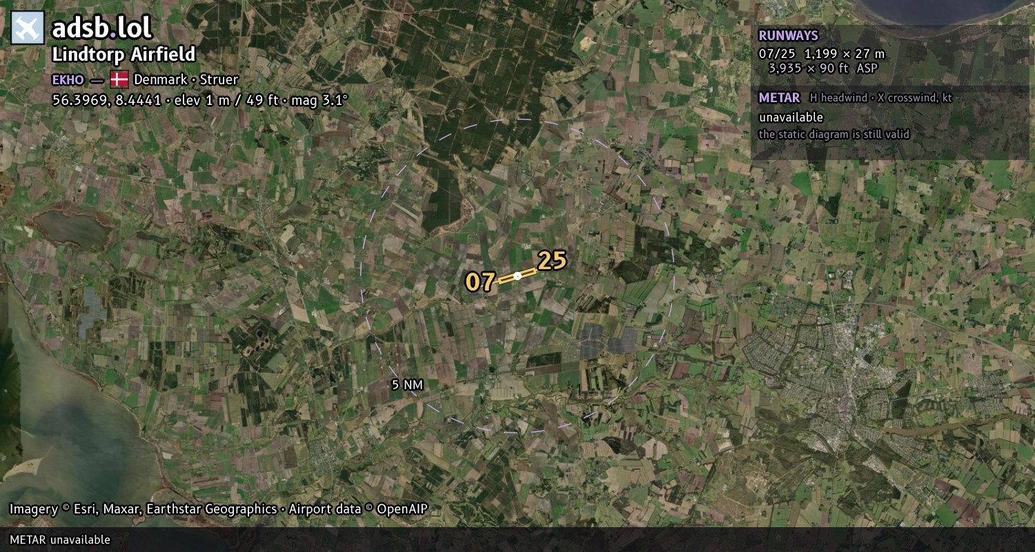 Satellite map with the runway layout of Lindtorp Airfield (EKHO)