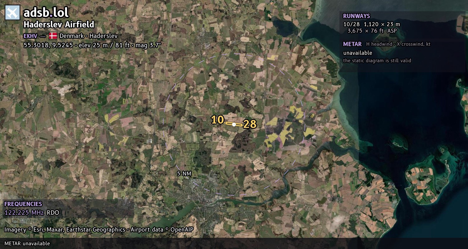 Satellite map with the runway layout of Haderslev Airfield (EKHV)